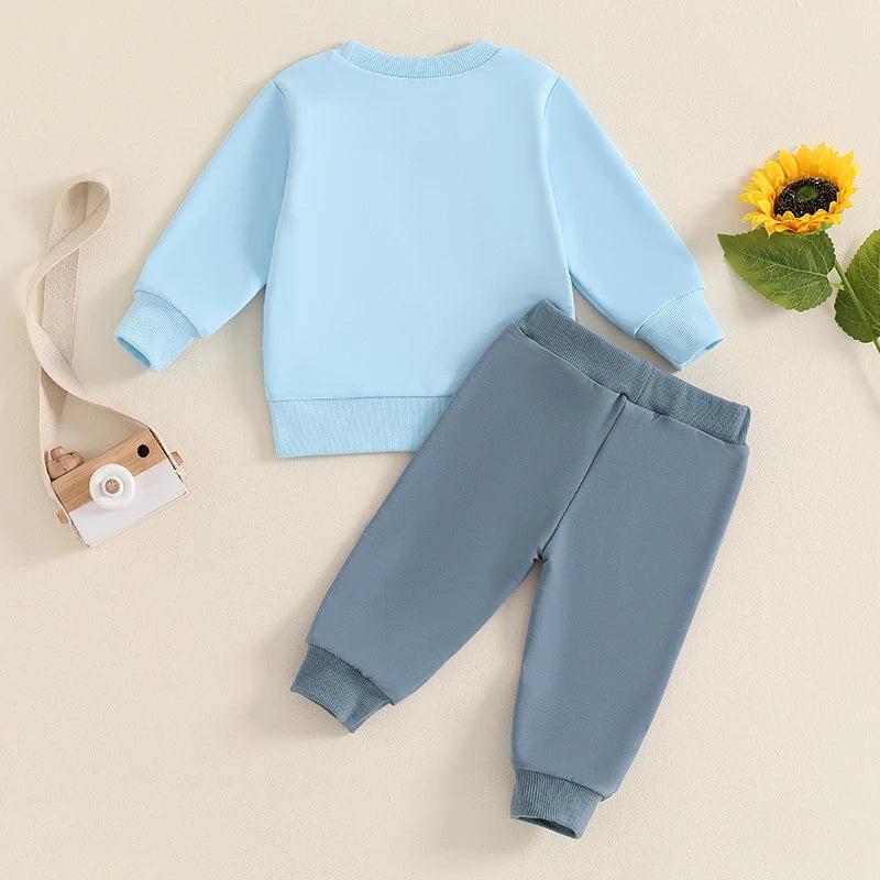 Baby Toddler Boys 2Pcs Fall Outfit Long Sleeve Contrast Color Crewneck Top + Solid Pants Set