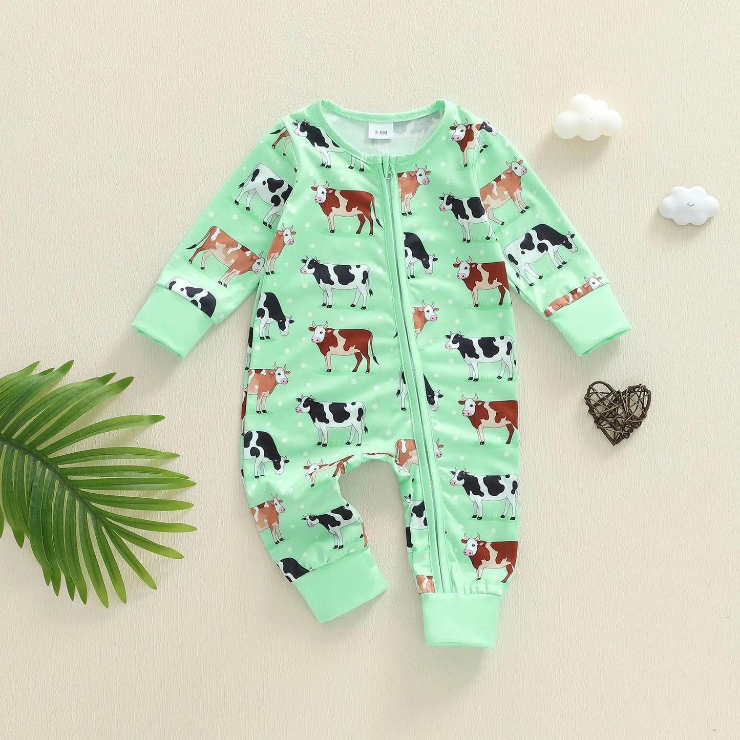 Baby Boy Girl Cow Printed Romper Fashionable Round Neck Long Sleeve Fall Spring Zipper Jumpsuits