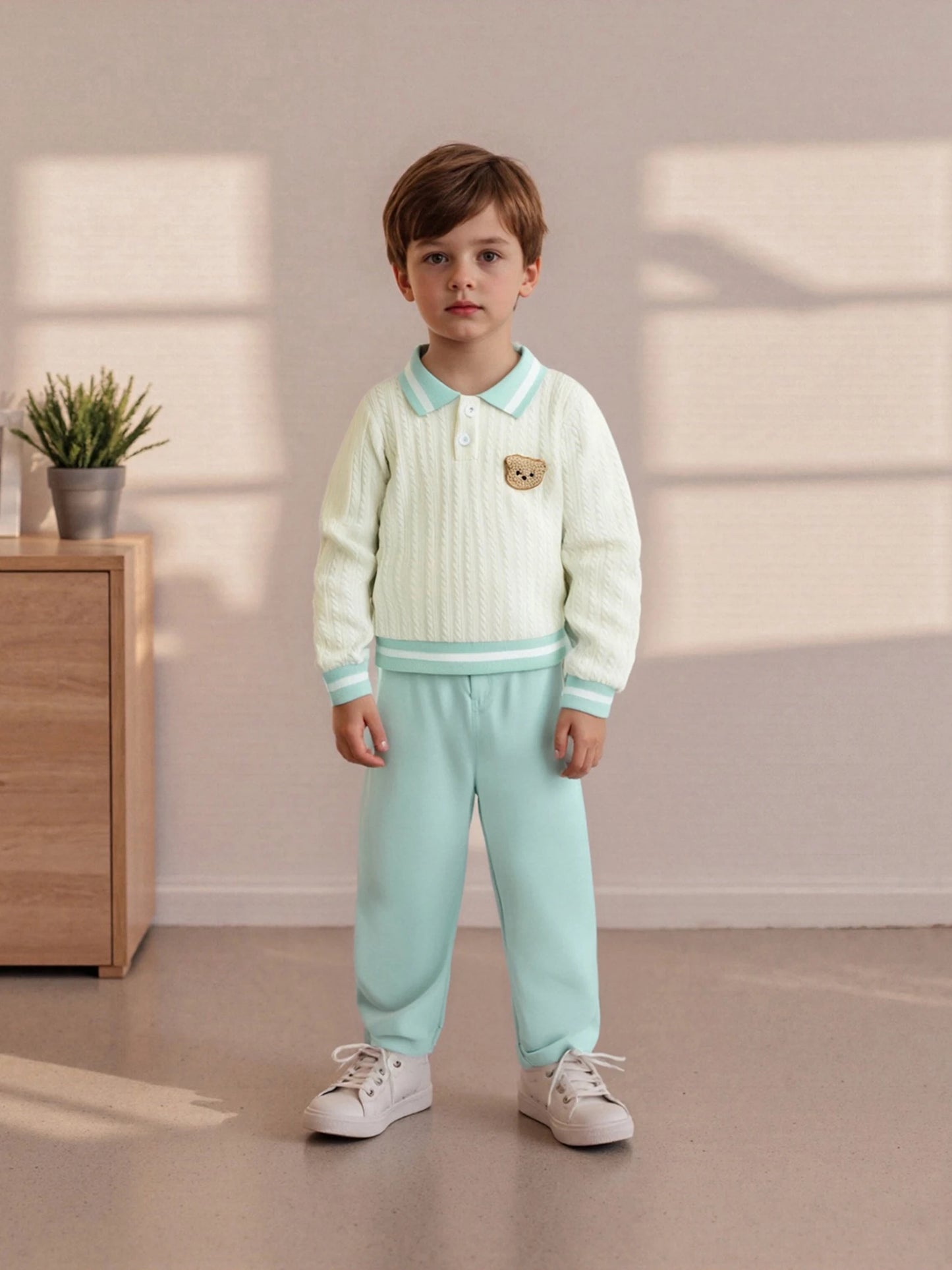 Baby Toddler Boys 2Pcs Fall Outfit Long Sleeve Bear Embroidery Lapel Top + Pants Set