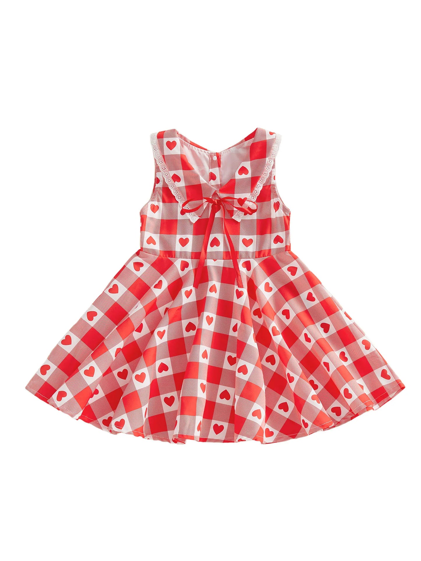 Baby Toddler Kids Girls Valentine's Day Dress Summer Sleeveless Lapel Plaid Heart Print Sweet A-Line Sundress