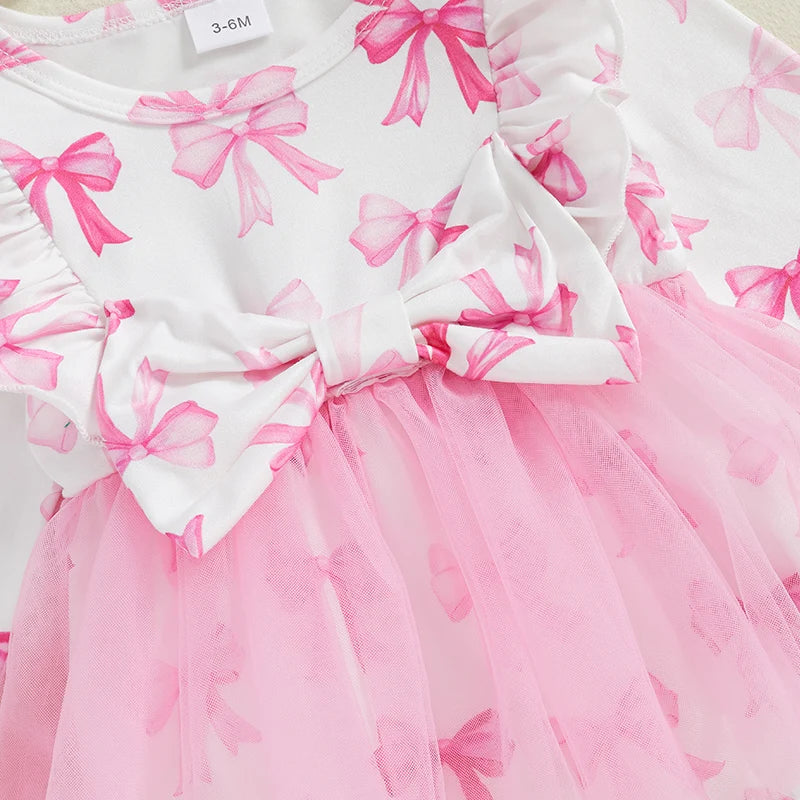 Baby Girls 2Pcs Romper Dress Bow Print Ruffled Trim Long Sleeve Tutu Jumpsuit Headband Outfit Set