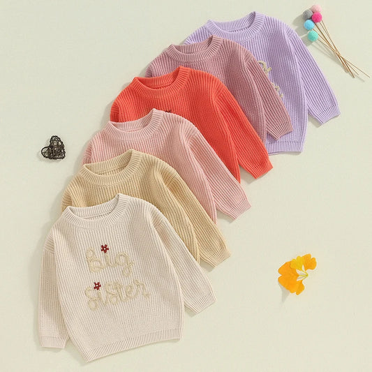 Baby Toddler Kids Girls Big Sister Autumn Winter Knit Sweater Long Sleeve O Neck Letter Embroidery Pullover Knitwear Top