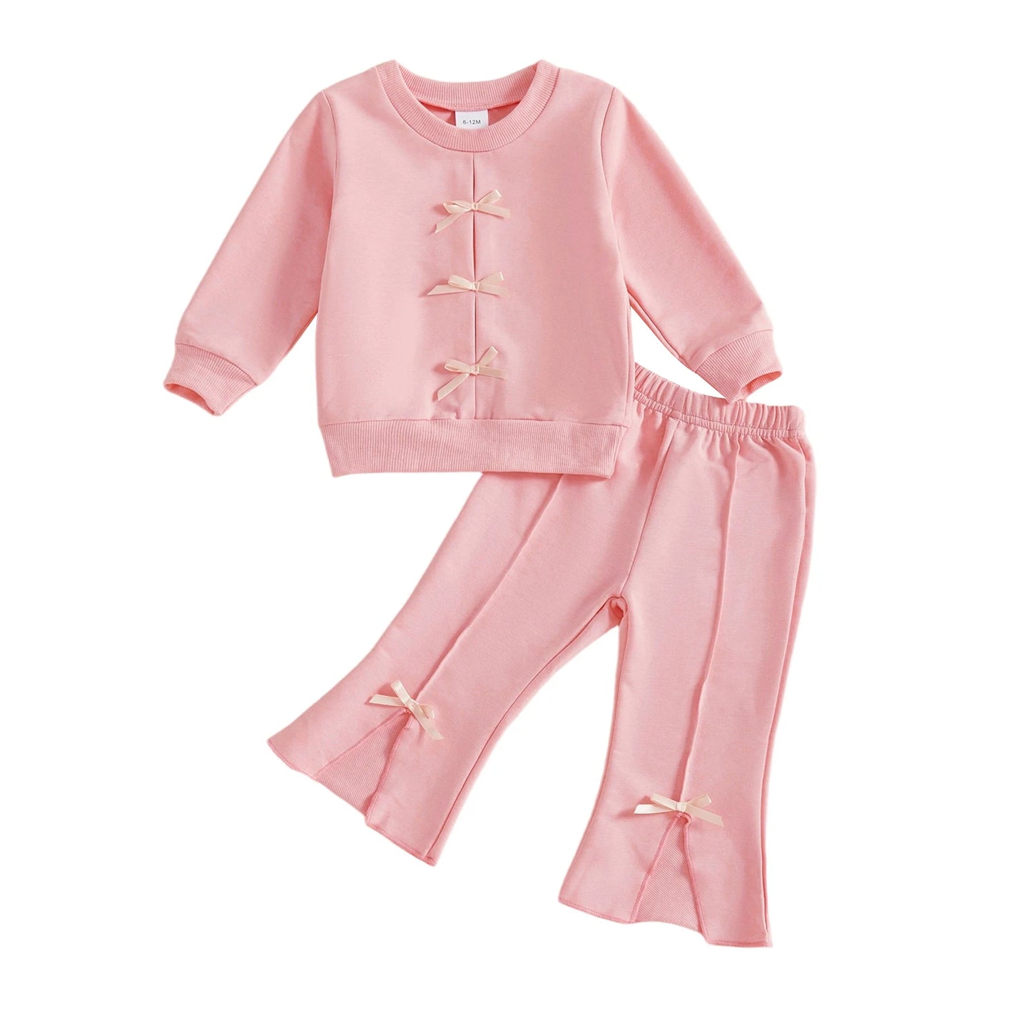 Baby Toddler Girl 2Pcs Fall Outfit Bow Decor Long Sleeve Round Neck Pullover Top + Elastic Waist Flare Pants 2Pcs Set
