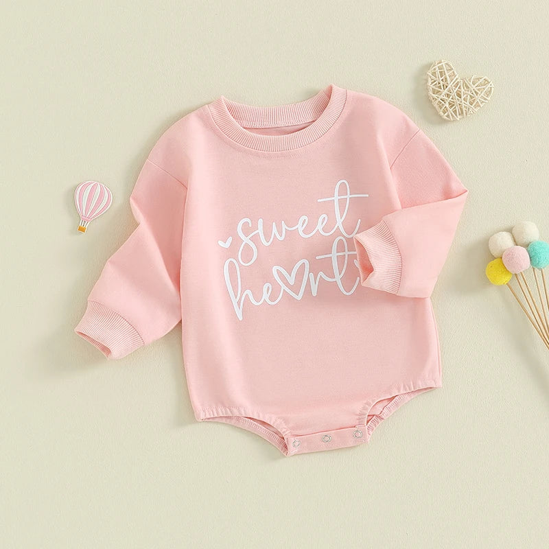 Baby Girls Boys Valentine's Day Long Sleeve Sweet Heart Letters Bubble Romper