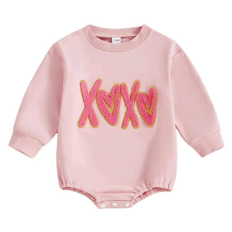 Baby Girl XOXO Bubble Romper Valentine's Day Letter Heart Embroidered Long Sleeve Valentines Jumpsuit