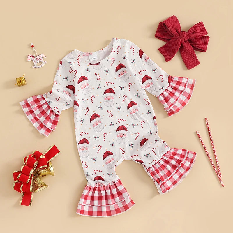 Baby Girls 2Pcs Romper Christmas Print Long Sleeve Jumpsuits Flare Sleeve and Pant and Cute Headband Set Infant Outfits