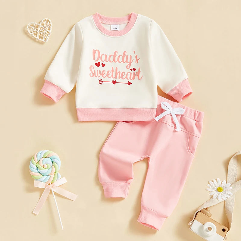 Baby Toddler Girls 2Pcs Little Dude Big Heart / Daddy's Sweetheart Outfit Letter Heart Print Long Sleeve Crewneck Top with Solid Color Pants Valentines Jogger Set Valentine's Day