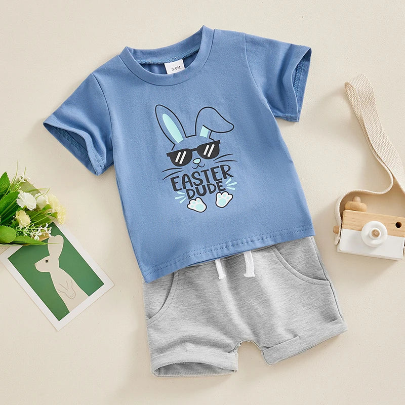 Baby Toddler Boys 2Pcs Outfits Easter Bunny Rabbit Sunglasses Easter Dude Letters Print Short Sleeve T-Shirt and Elastic Shorts Clothes Set