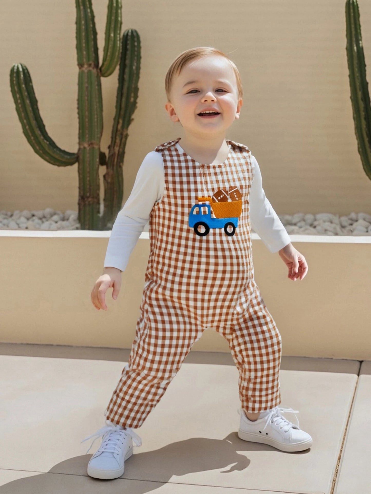 Baby Boy 2Pcs Fall Outfit Crew Neck Long Sleeve Romper and Truck Football Embroidery Plaid Overall Pants Set