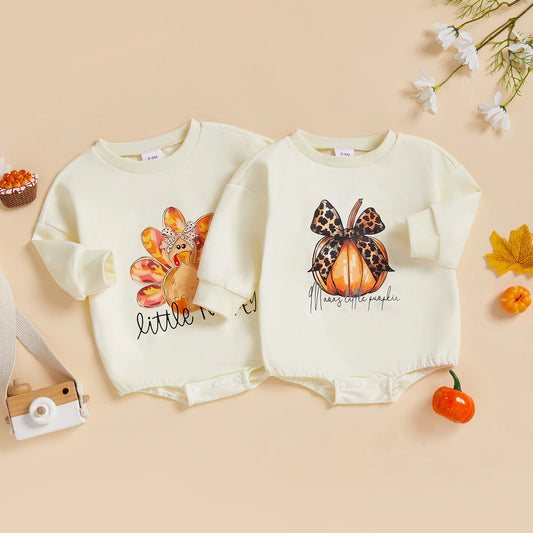Baby Girls Romper Little Turkey / Mama's Little Pumpkin Long Sleeve Round Neck Pumpkin/Turkey Print Bodysuit Fall Thanksgiving Playsuit