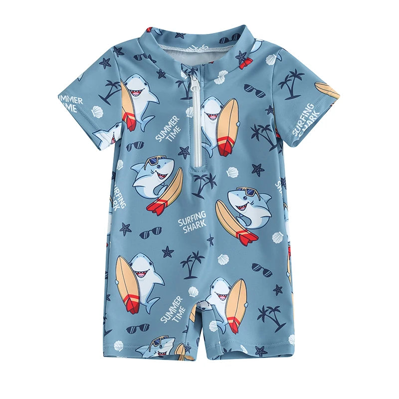 Baby Toddler Boys Swimwear Short Sleeve Cartoon Print Shark Whale Front Zipper Bathing Suit Swimsuit Romper