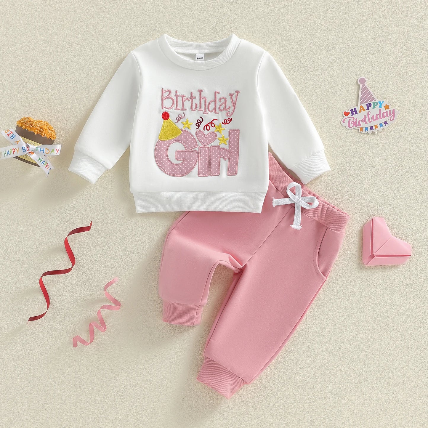 Baby Toddler Kids Girl 2Pcs Birthday Girl Outfit Letter Embroidery Long Sleeve Round Neck Pullover Top Elastic Waist Solid Pants Jogger Set
