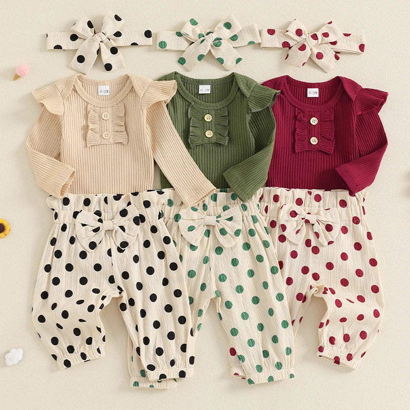 Baby Girls 3Pcs Fall Outfit Solid Color Crew Neck Long Sleeve Romper Polka Dot Print Long Pants Headband Set