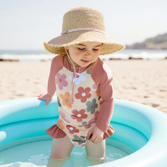 Baby Toddler Girls 2Pcs Summer Swimsuit Set Flower Bow Print Zip-up Rash Guard Long Sleeve Swim Top and Shorts Bathing Suit