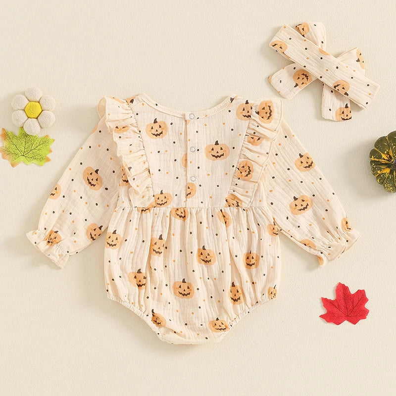 Baby Girls 2Pcs Halloween Thanksgiving Outfit Long Sleeve Pumpkin Flower Pie Print Romper with Headband Set