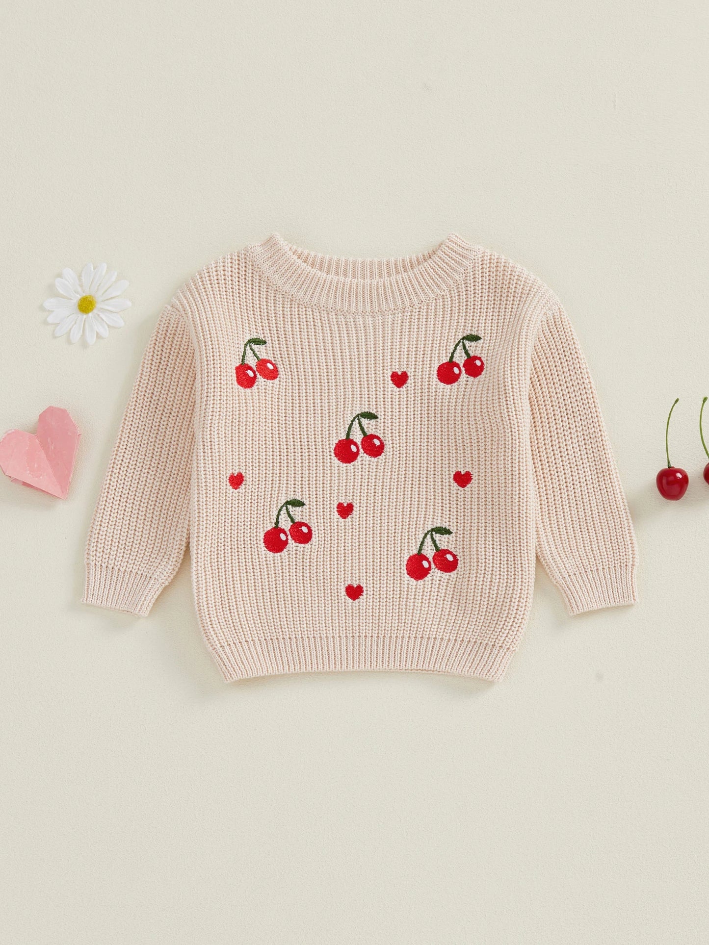 Toddler Kids Boys Girls Valentines Day Knit Sweater Fashionable Heart Cherry Embroidery Crew Neck Long Sleeve Tops