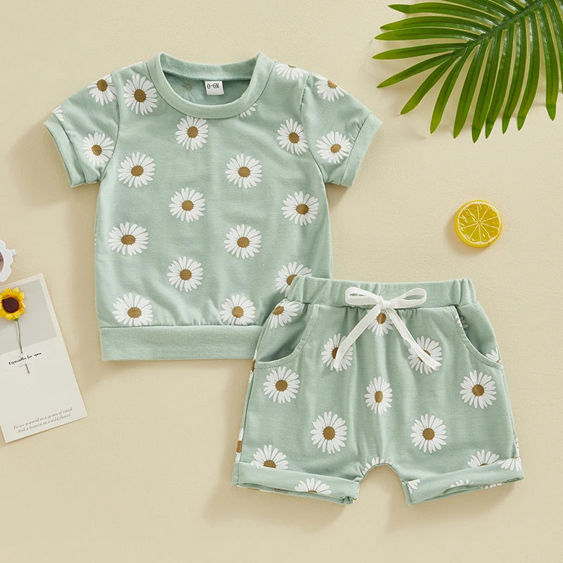 Baby Toddler Girls 2Pcs Spring Summer Clothes Short Sleeve Daisy Flower Print Crew Neck Top Elastic Rolled Shorts Set Outfit