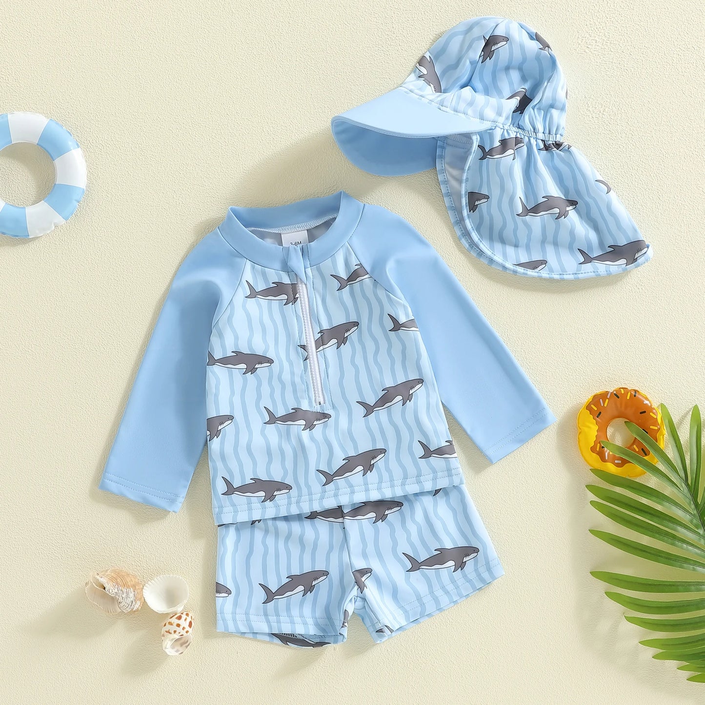 Baby Toddler Boys 3Pcs Rash Guard Swimsuits Long Sleeve Shark/Sailboat Print Bathing Suit Top and Shorts Swimwear with Hat Set