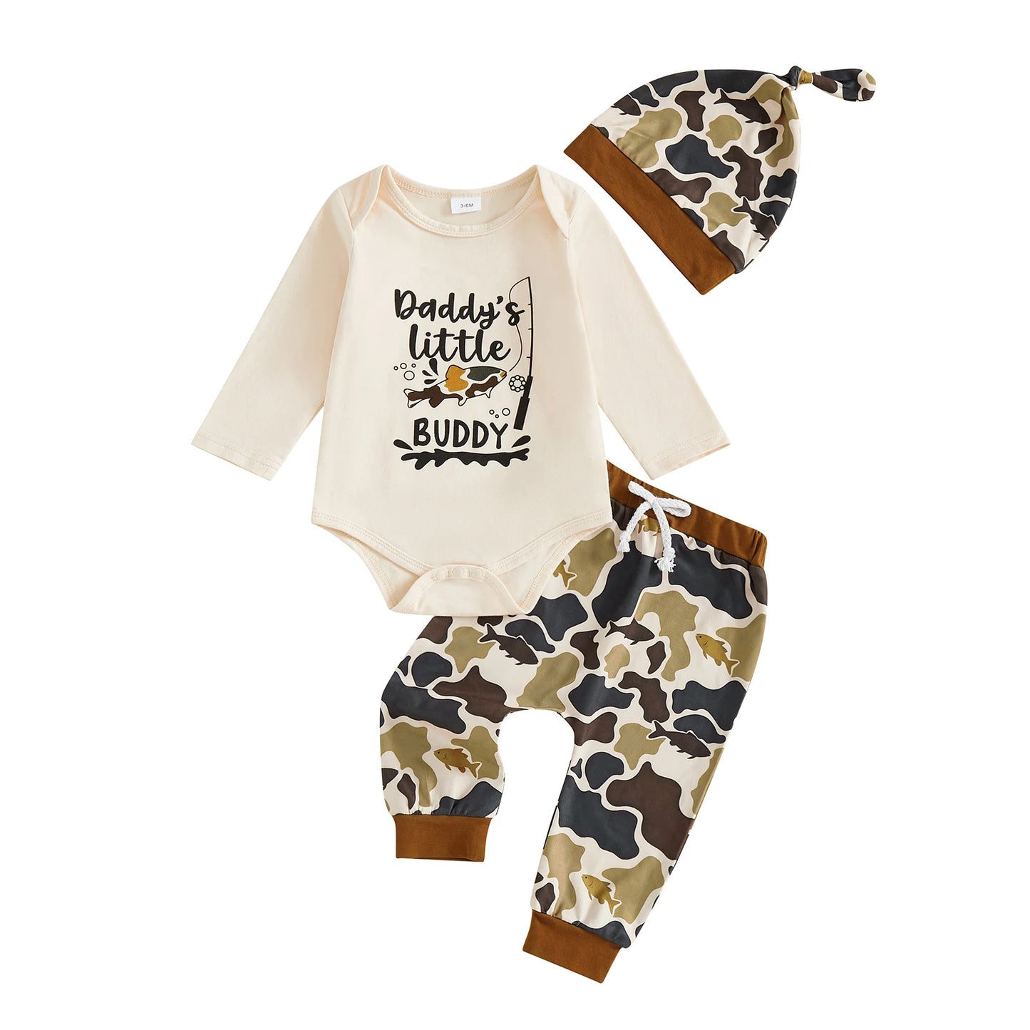 Baby Boy 3Pcs Fall Clothes Letter Fish Daddy's Little Buddy Print Long Sleeve Romper Camouflage Pants and Hat 3Pcs Outfit