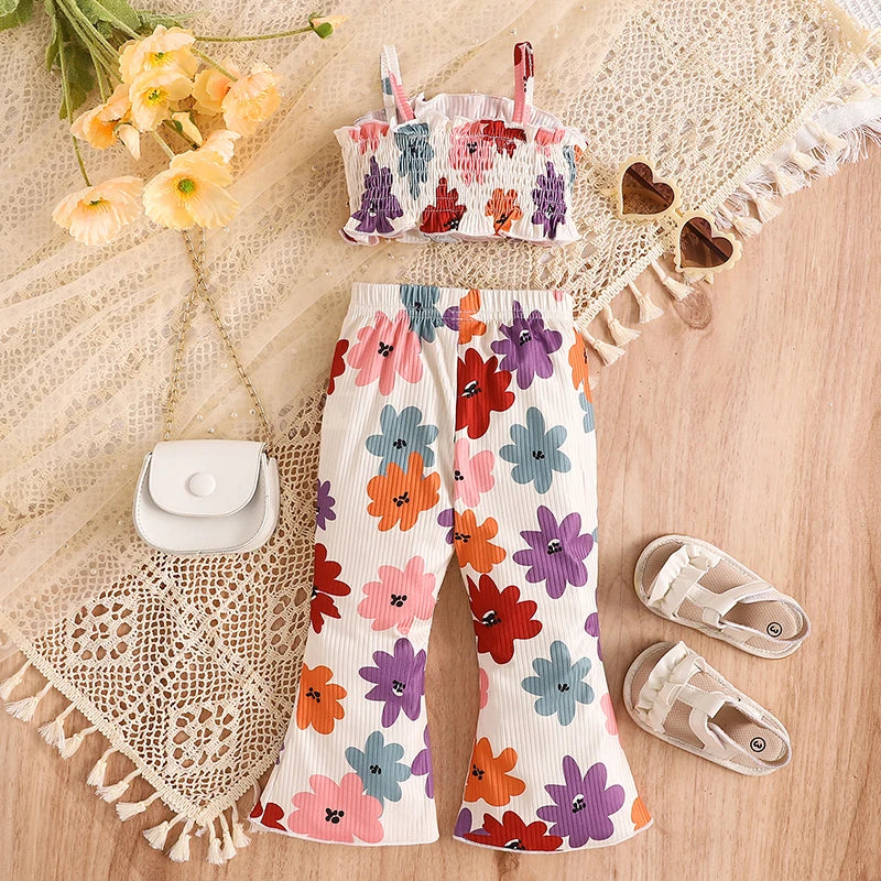 Baby Toddler Kids Girls 2Pcs Summer Sleeveless Tank Top Ruched Floral Flower Print Camisole Flared Matching Long Pants Set Outfit