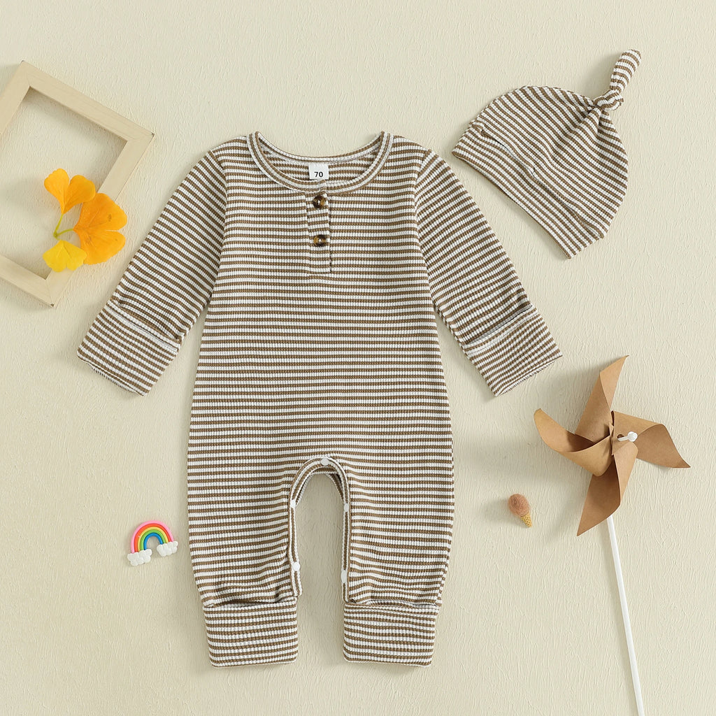 Baby Boys 2Pcs Fall Clothes Romper Stripe Print Long Sleeve Round Neck Full Length Jumpsuit with Hat Set