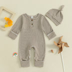 Baby Boys 2Pcs Fall Clothes Romper Stripe Print Long Sleeve Round Neck Full Length Jumpsuit with Hat Set