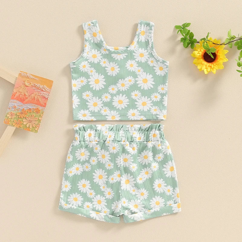 Baby Toddler Girls 2Pcs Daisy Flower Print Sleeveless Crew Neck Tank Top and Matching Shorts Summer Outfit Set