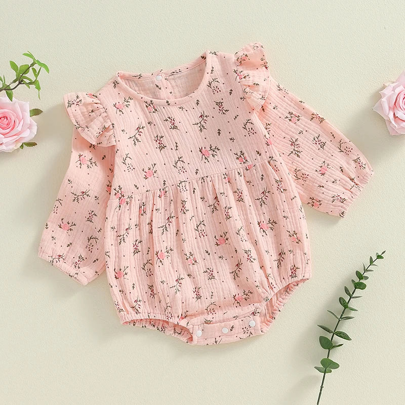 Baby Girls Autumn Romper Poof Sleeve O Neck Floral Flowers Print Frilly Romper