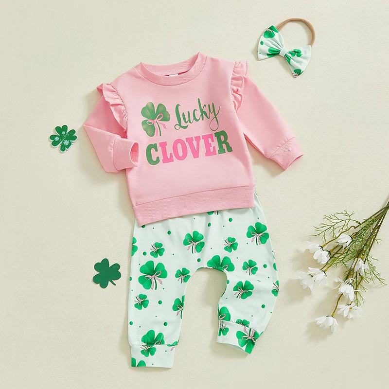 Baby Toddler Girls 3Pcs Daddy's Lucky Charm / Lucky Clover Spring Outfit Long Sleeve Top + Shamrock Pants + Headband Bow Set Clothes St. Patrick's Day