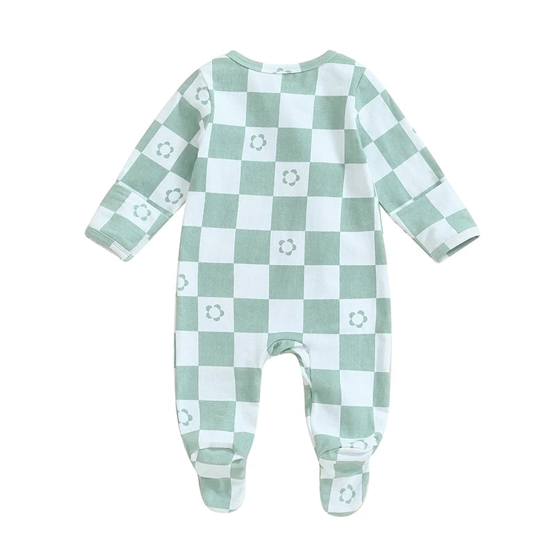 Baby Girls Footie Long Sleeve Crew Neck Zip Closure Checker Flower Print Fall Jumpsuit Zipper Romper