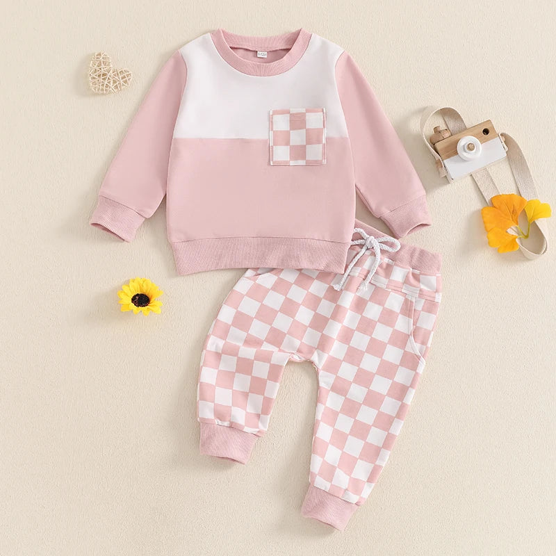 Baby Toddler Boys Girls 2Pcs Outfit Checker Print Long Sleeve Top and Elastic Pants Fall Set