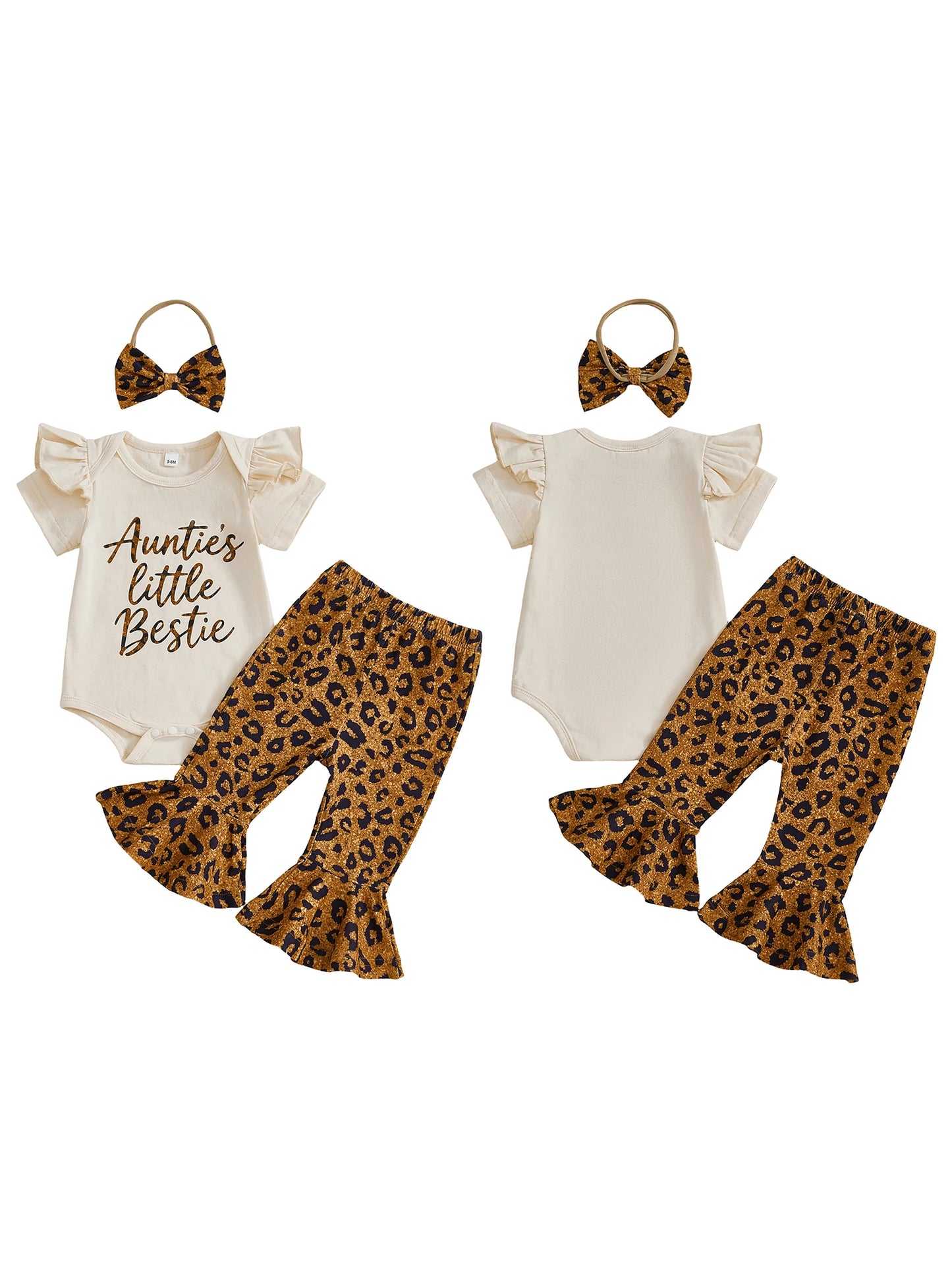 Baby Girl 3Pcs Auntie's Little Bestie Spring Outfits Letter Short Sleeve Romper with Leopard Pattern Flare Pants and Bow Headband Set