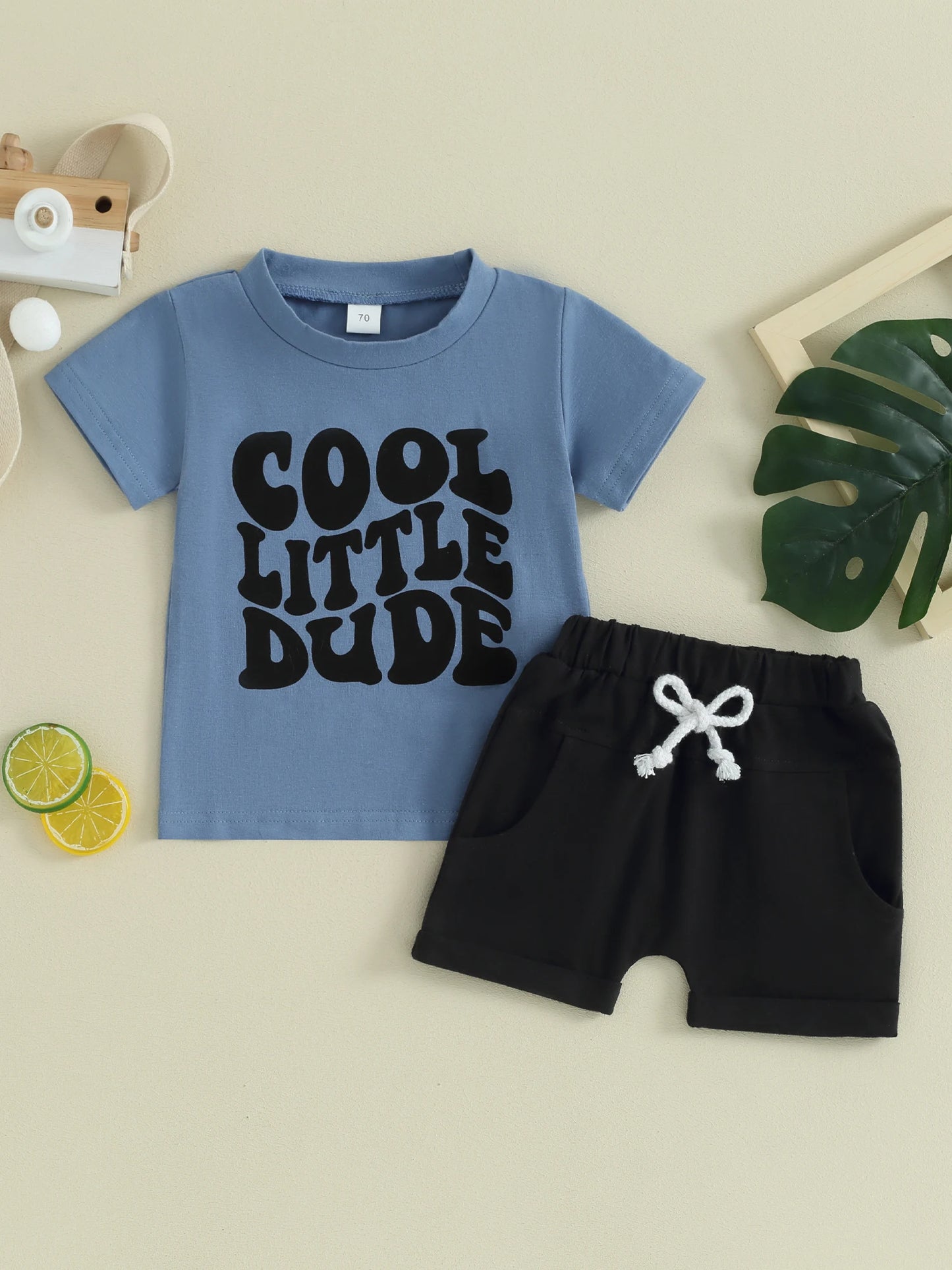 Toddler Baby Boy 2Pcs Cool Little Dude Short Sleeve Letters Top Solid Shorts Set Casual Outfit