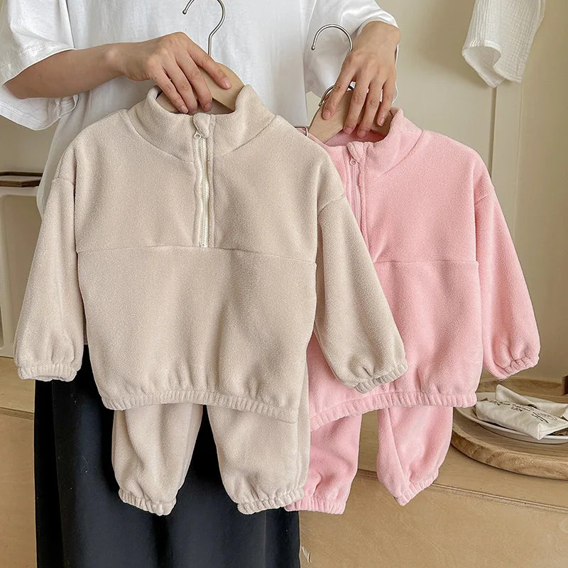 Toddler Kid Boy Girl 2Pcs Clothes Set Fleece Pullover Top Pant Suit Casual Warm Thick Winter Two Piece Jogger Set