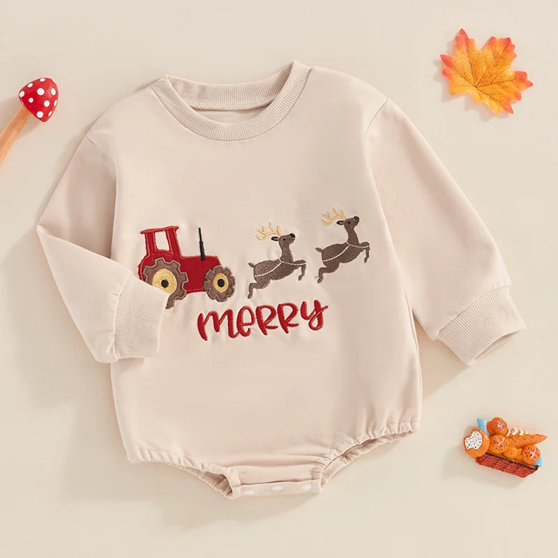 Baby Girls Boys Christmas Merry Romper Long Sleeve Crew Neck Reindeer Tractor Embroidery Jumpsuit