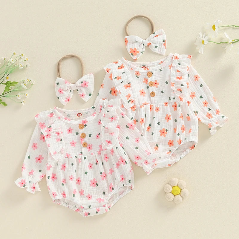 Baby Girl 2Pcs Outfit, Long Sleeve Crew Neck Floral Flowers Romper with Hairband Bow Set