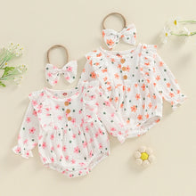 Load image into Gallery viewer, Baby Girl 2Pcs Outfit, Long Sleeve Crew Neck Floral Flowers Romper with Hairband Bow Set
