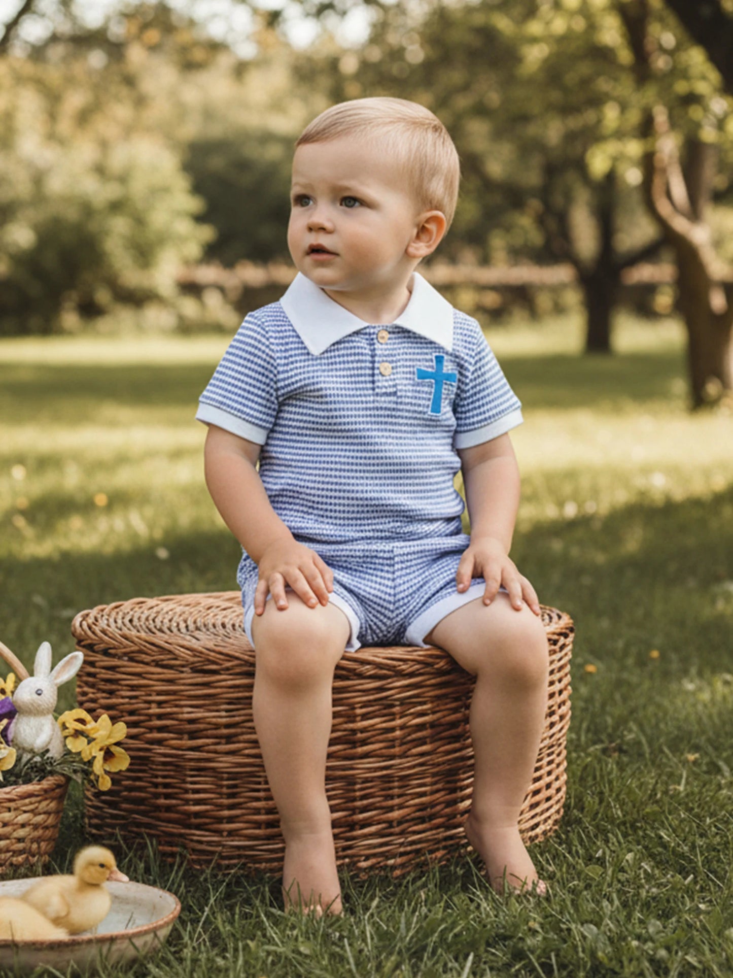 Baby Toddler Boys 2Pcs Easter Outfit Fashionable Striped Short Sleeve Carrot Cross Embroidery Top with Shorts 2Pcs Clothing Set