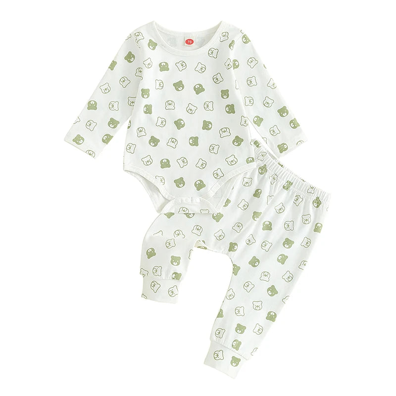 Baby Toddler Boys Girls 2Pcs Bear Print Outfit Long Sleeve Crewneck Romper Elastic Pants Set