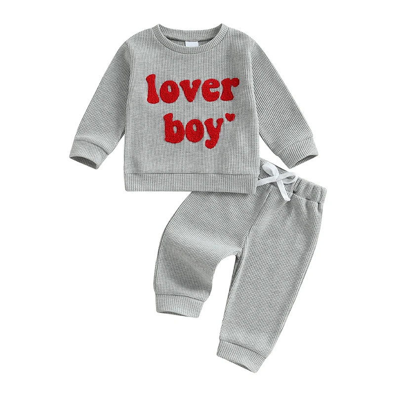 Baby Toddler Boys 2Pcs Lover Boy Valentine's Day Outfit Letter Embroidery Ribbed Long Sleeve Crew Neck Top with Drawstring Jogger Pants Valentines Set