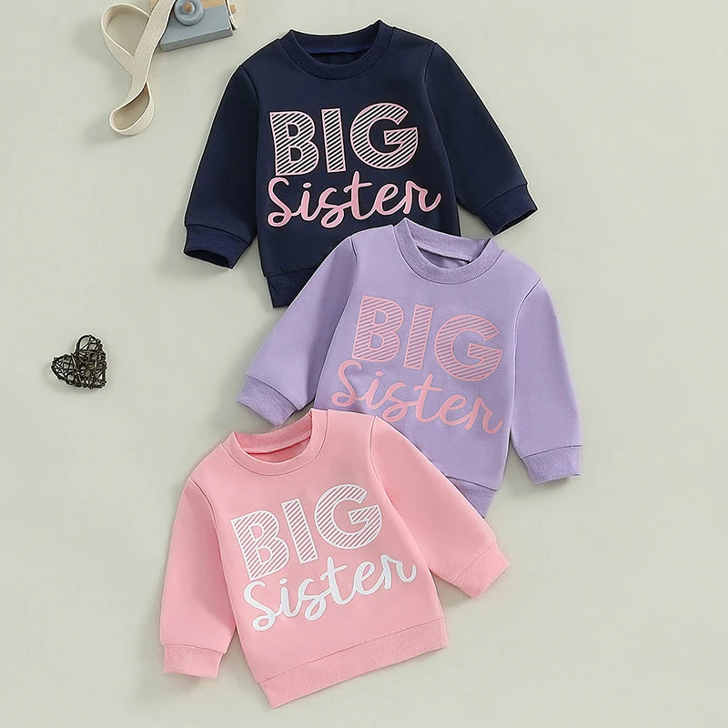 Toddler Kids Girls Big Sister Letter Print Long Sleeve Crewneck Pullover Autumn Fall Top