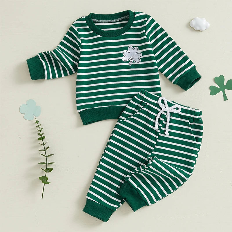 Baby Toddler Boys 2Pcs St. Patrick's Day Outfit Clover Embroidered Striped Long Sleeve Crewneck Top Joggers Pants Set