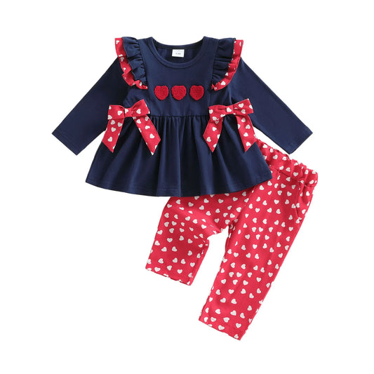 Baby Toddler Girls 2Pcs Valentine's Day Outfit Bows Heart Pattern Ruffled Trim Long Sleeve Top and Pants Set
