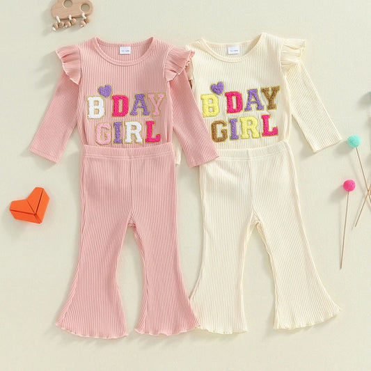 Toddler Kids Girls 2Pcs Birthday Girl Outfit Set Fly Sleeve Letter Embroidery Top Solid Color Flared Pants Set Outfit