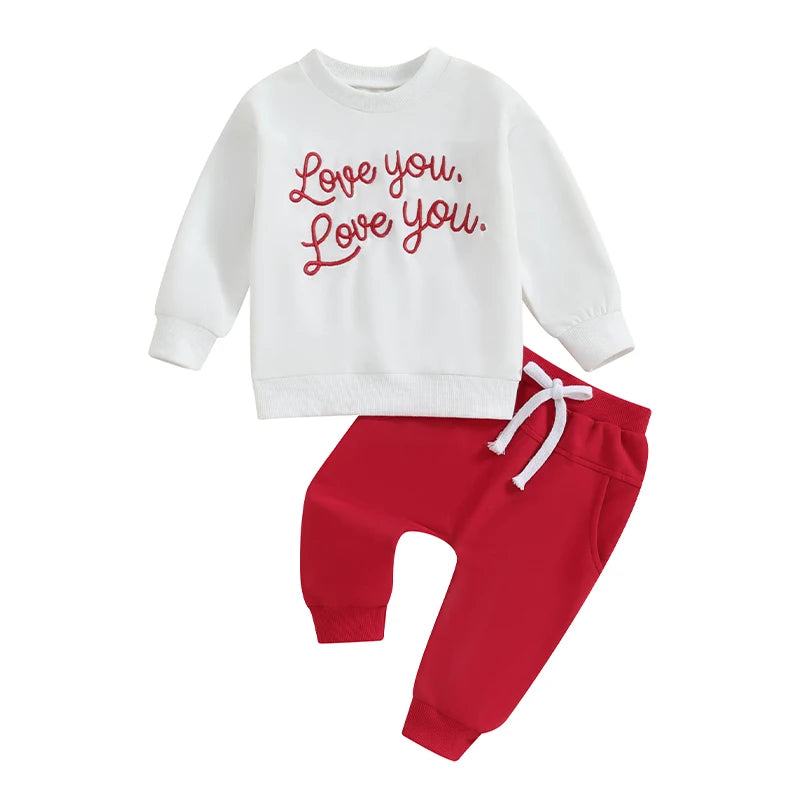 Baby Toddler Boy Girl 2Pcs Valentine's Day Clothes Love You Letter Embroidery Long Sleeve Top with Solid Color Pants Outfit Set