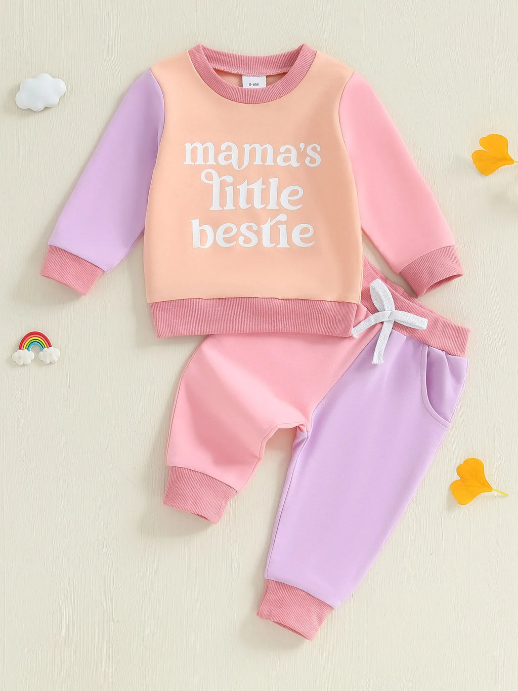 Baby Toddler Girls 2Pcs Mama's Little Bestie Long Sleeve O Neck Contrast Color Top Drawstring Pants Jogger Set