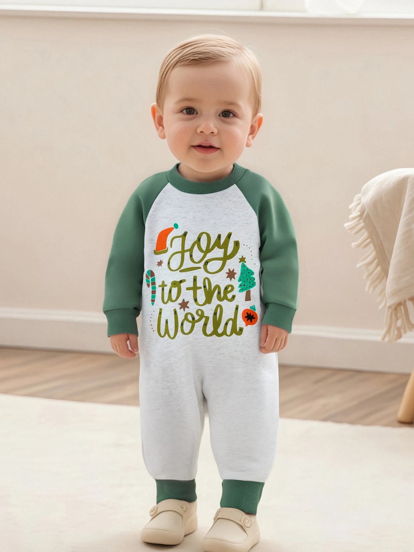 Baby Boys Girls Joy To The World Christmas Romper Letter Tree Long Raglan Sleeve Crewneck Jumpsuit Winter Clothes