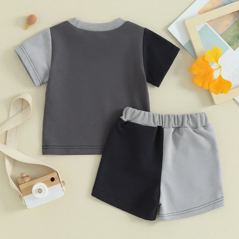 Toddler Baby Boy Girl 2Pcs Outfit Short Sleeve Contrast Color Top Elastic Waist Shorts Set Neutral Spring Summer Clothes