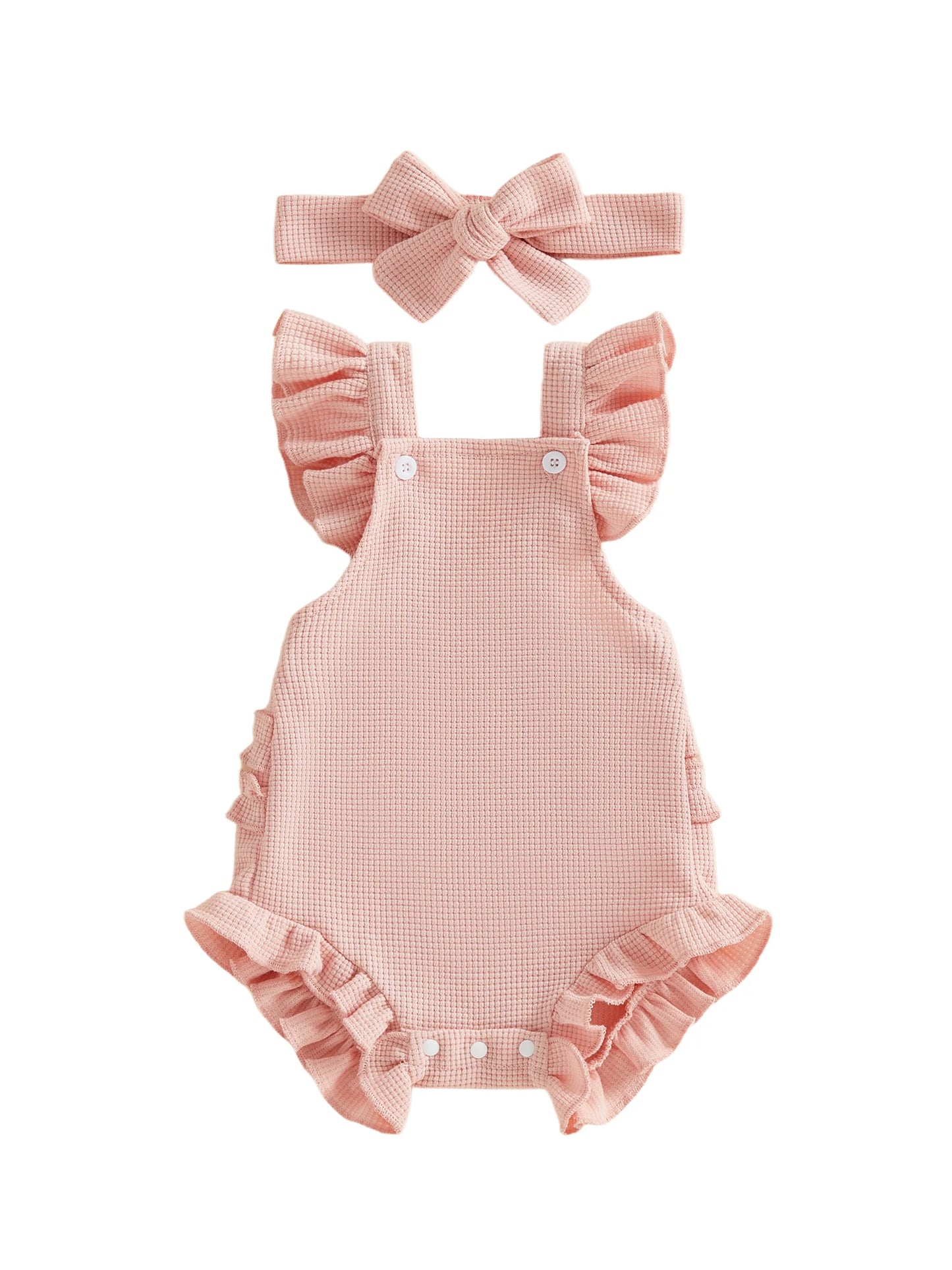 Baby Girl 2Pcs Spring Summer Outfits Ruffle Sleeveless Solid Color Romper with Headband Set
