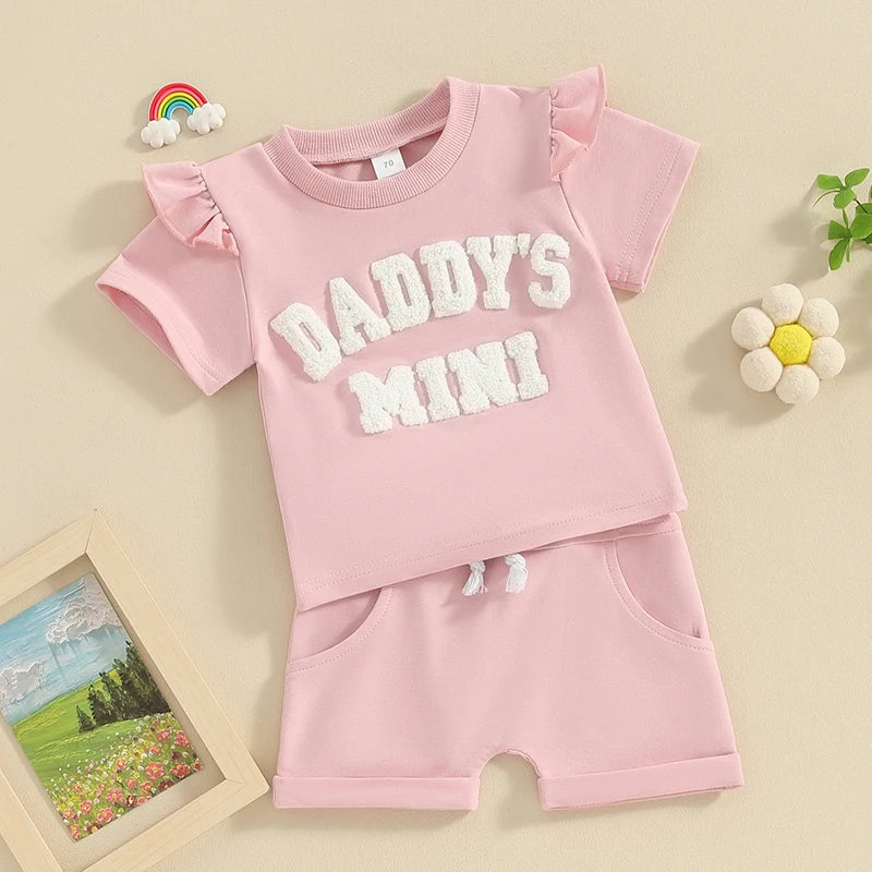 Toddler Baby Girls 2Pcs Daddy's / Mama Mini Summer Short Frilly Sleeve Letter Top Solid Color Shorts Sets